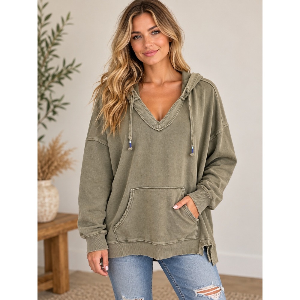 Aerie Women XL Olive Green Oversized V-Neck Hoodie French Terry Sweatshirt
